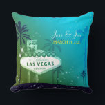 Fabulous Las Vegas Wedding Couple Keepsake Cushion<br><div class="desc">Famous Las Vegas street sign, lovely palm trees and starry teal & moss green sky illustrated on custom Cushions. Easy to personalise the sample text with your own wording to create a stylish & whimsical wedding, engagement, bridal shower, bachelorette party or anniversary gift! ((You can find the matching wedding essentials...</div>