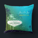 Fabulous Las Vegas Wedding Couple Keepsake Cushion<br><div class="desc">Famous Las Vegas street sign, lovely palm trees and starry teal & moss green sky illustrated on custom Cushions. Easy to personalise the sample text with your own wording to create a stylish & whimsical wedding, engagement, bridal shower, bachelorette party or anniversary gift! ((You can find the matching wedding essentials...</div>