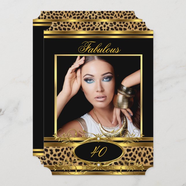Fabulous Leopard Birthday Party Black Gold Photo Invitation (Front/Back)