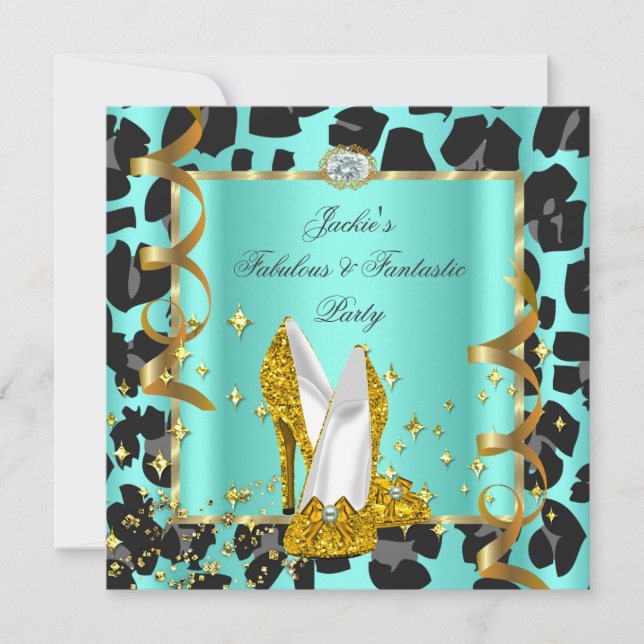 Fabulous Leopard Teal Yellow Gold Birthday Party Invitation (Front)