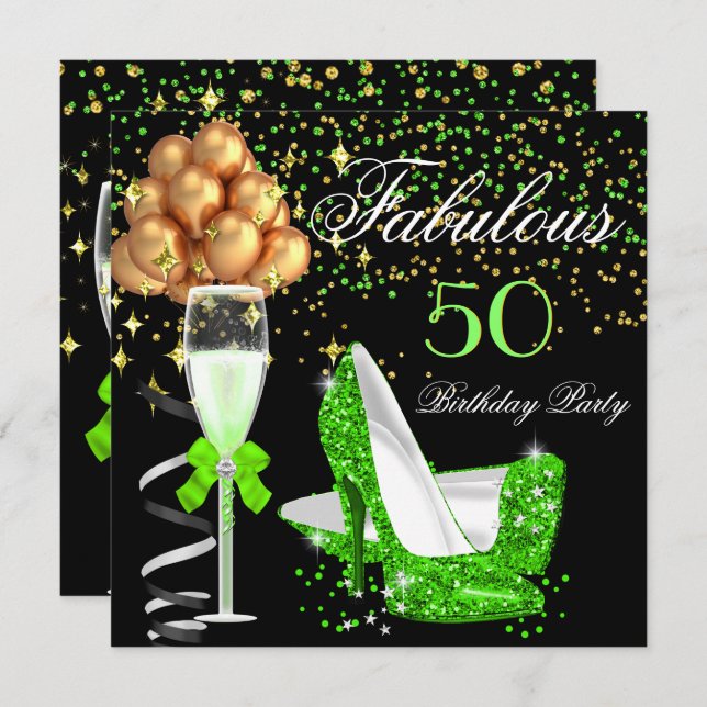 Fabulous Lime Heels Gold Black Birthday Party Invitation (Front/Back)