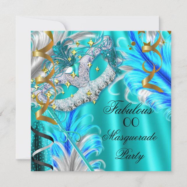 Fabulous Masquerade Party Birthday Teal Blue Invitation (Front)