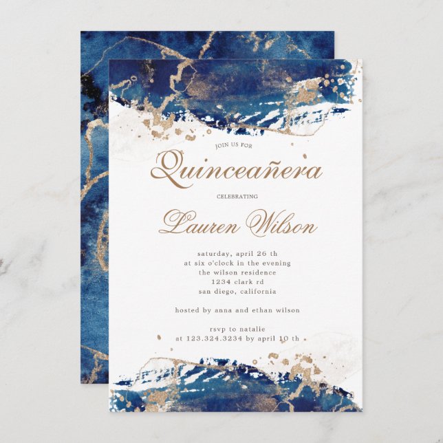 fabulous navy gold waves Quinceanera Invitation (Front/Back)