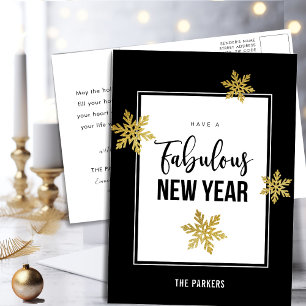 Fabulous New Year Elegant Script Gold Snowflakes Holiday Postcard