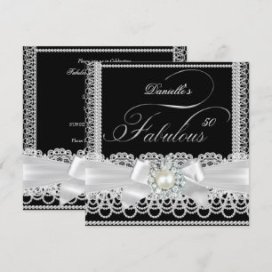 Fabulous Party Black White Pearl Lace Bow Invitation