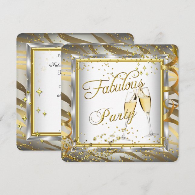 Fabulous Party Champagne Zebra Cream Gold Silver 2 Invitation (Front/Back)