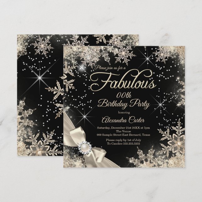 Fabulous Party Pearl Bow Beige Black Snowflake Invitation (Front/Back)