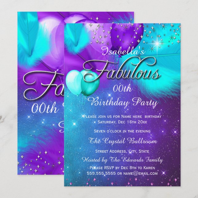 Fabulous Party Teal Blue Purple Silver Balloons Invitation (Front/Back)
