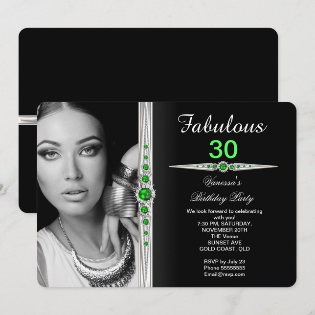 Fabulous Photo Birthday Party Lime Green Black 2 Invitation (Front/Back)