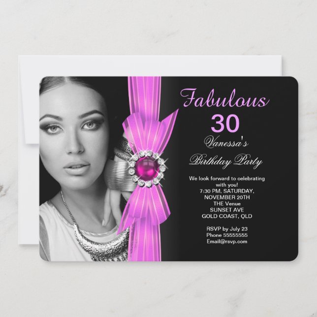 Fabulous Photo Birthday Party Pink Black Invitation (Front)