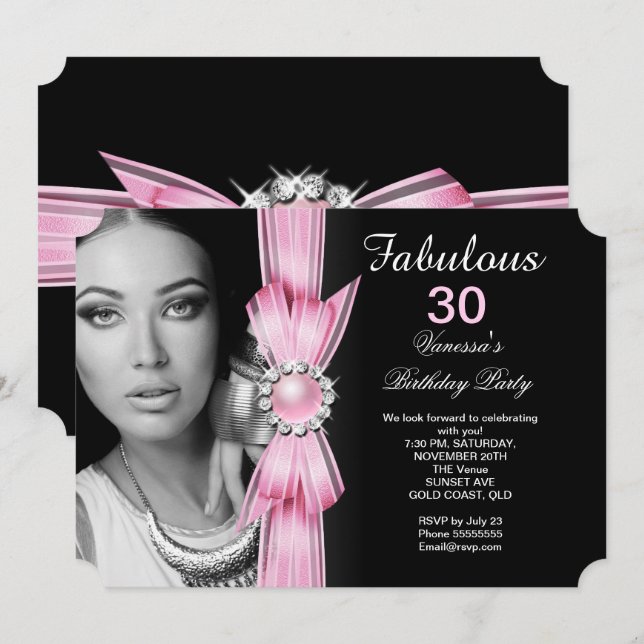 Fabulous Photo Birthday Party Soft Pink Black Invitation (Front/Back)