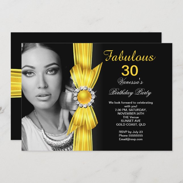 Fabulous Photo Birthday Party Yellow Black Invitation (Front/Back)