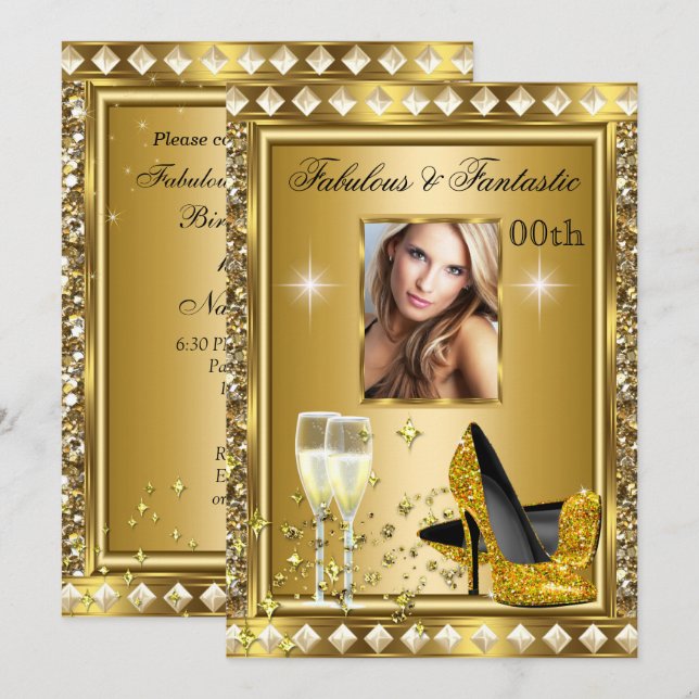 Fabulous Photo Gold Glitz Glam Hollywood Birthday Invitation (Front/Back)