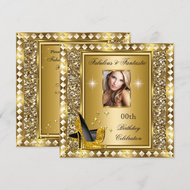 Fabulous Photo Gold Glitz Glam Hollywood Birthday Invitation (Front/Back)