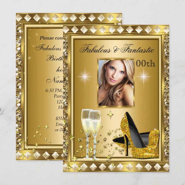 Fabulous Photo Gold Glitz Glam Hollywood Birthday Invitation (Front/Back)