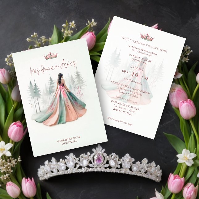 Fabulous Pink Chic Romantic Spanish Quinceañera Invitation (Fabulous Pink Chic Romantic Spanish Quinceañera Doll Illustration Invitations Cards.)