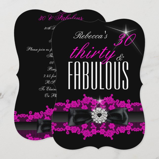 Fabulous Pink Lace Black 30th Birthday Party Invitation (Front/Back)