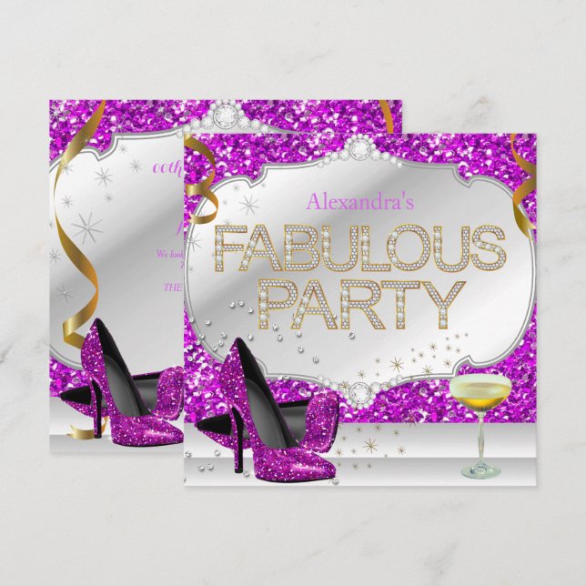 Fabulous Pink Purple Silver Glitter Birthday Party Invitation (Front/Back)