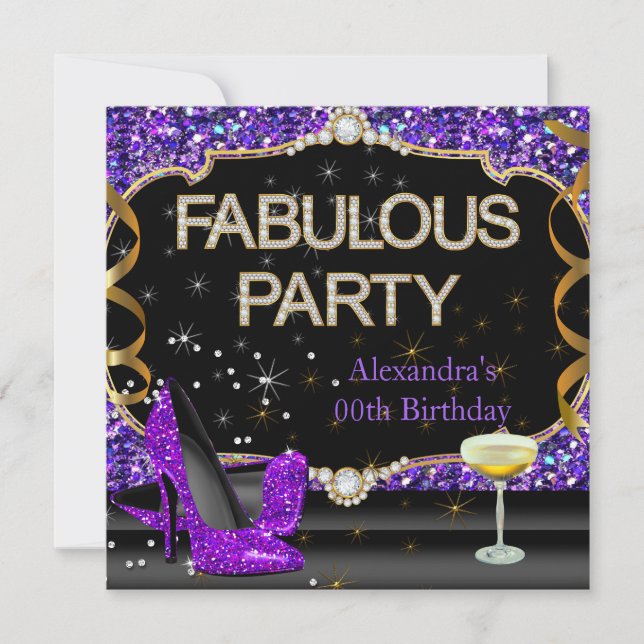 Fabulous Purple Black Glitter Birthday Party Invitation (Front)