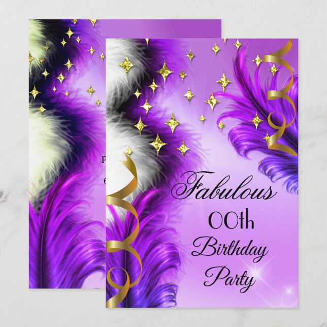 Fabulous Purple Feathers gold Birthday party Invitation (Front/Back)