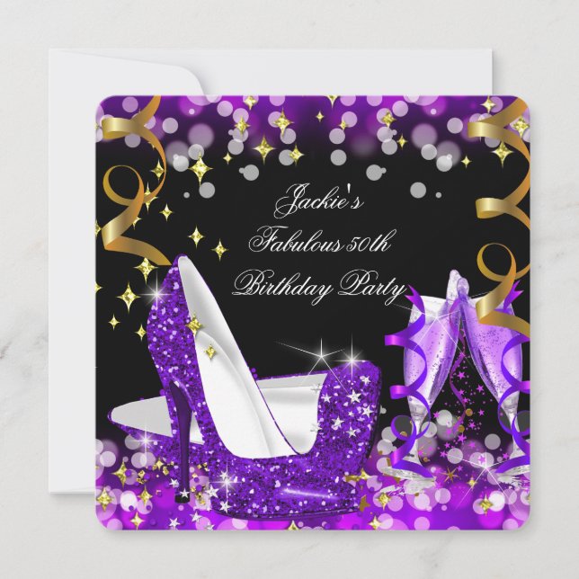 Fabulous Purple Glitter High Heel 50th Birthday 2 Invitation (Front)