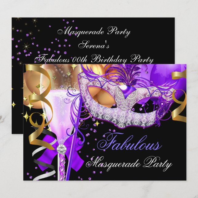 Fabulous Purple Gold Black Masquerade Party 3 Invitation (Front/Back)