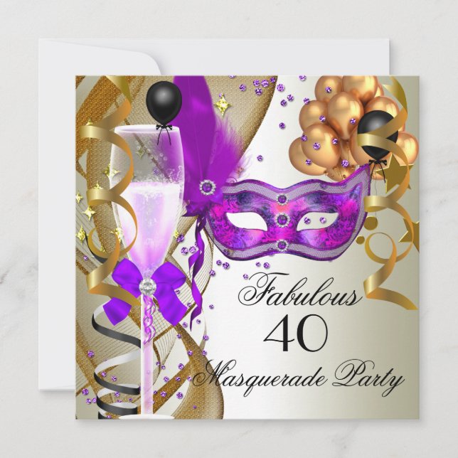 Fabulous Purple Gold Cream Black Masquerade Party Invitation (Front)
