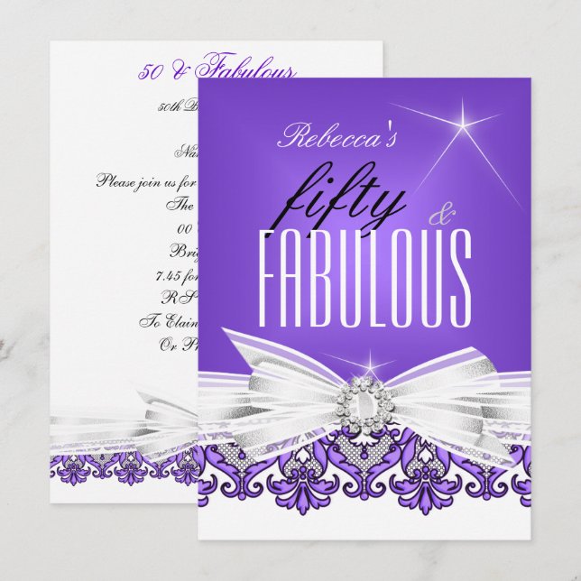 Fabulous Purple Lace White 50th Birthday Party Invitation (Front/Back)