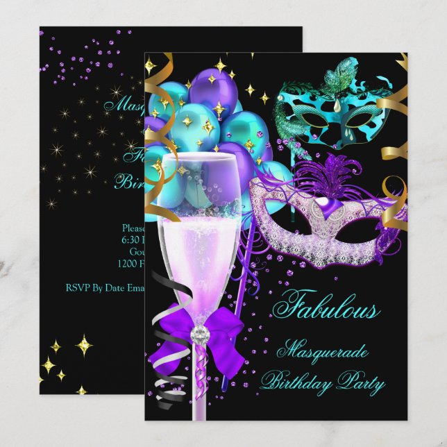 Fabulous Purple Teal Black Masquerade Party Invitation (Front/Back)
