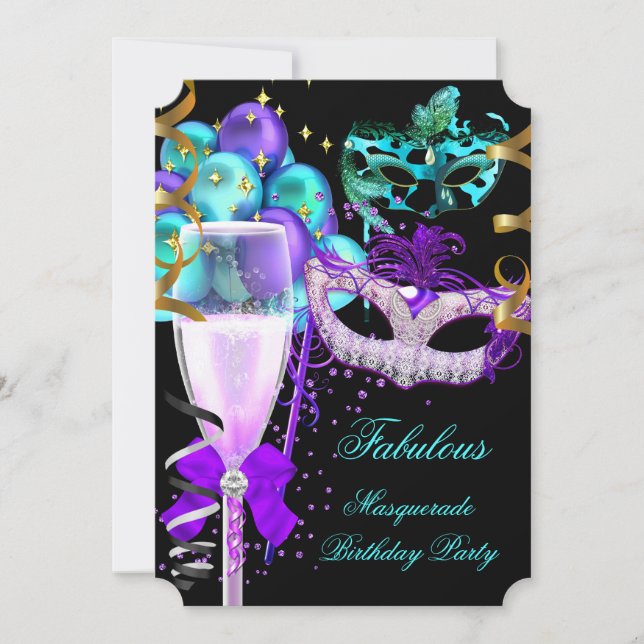Fabulous Purple Teal Black Masquerade Party Invitation (Front)