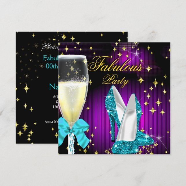 Fabulous Purple Teal Glitter High Heels Party Invitation (Front/Back)