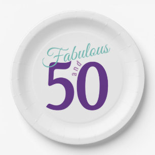 Fabulous Purple Teal Simple Modern 50th Birthday Paper Plate