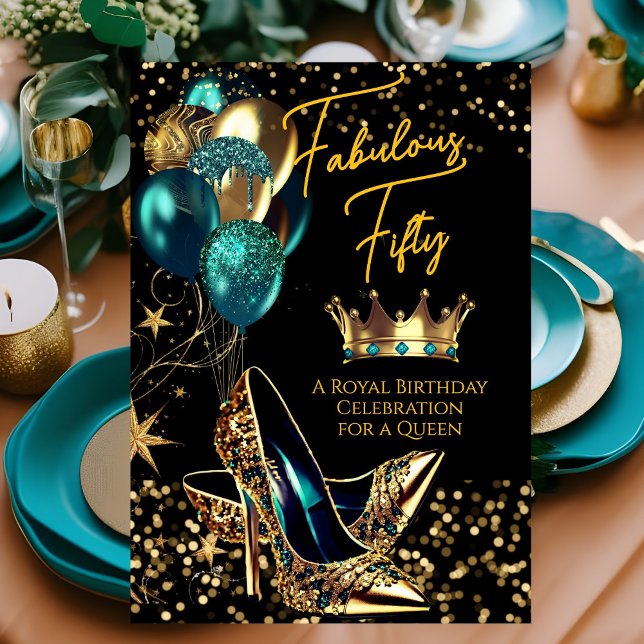 Fabulous Queen Teal Crown Gold heels Birthday Invitation (Creator Uploaded)