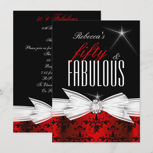 Fabulous Red Black Damask 50th Birthday Party Invitation (Front/Back)