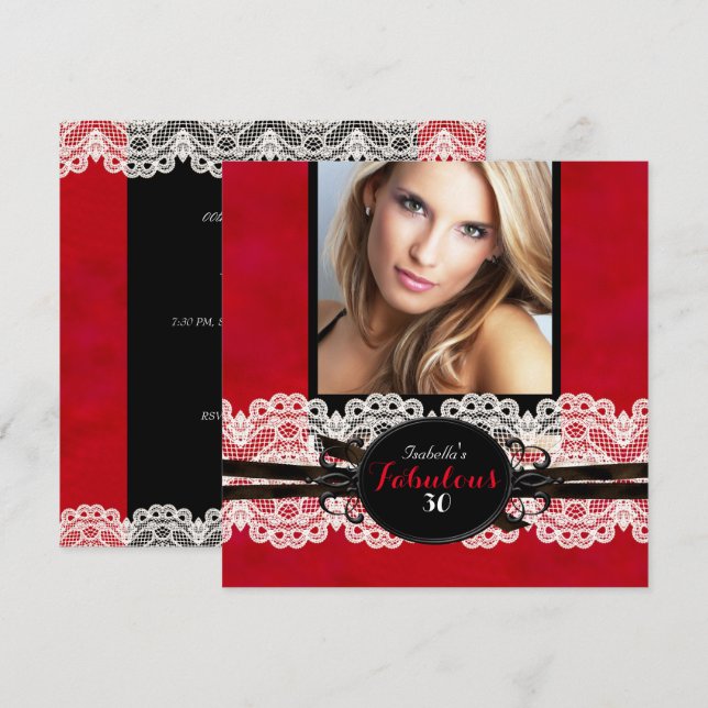 Fabulous Red Black Lace Birthday Party Invitation (Front/Back)