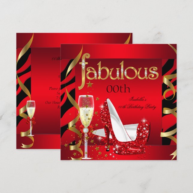Fabulous Red Champagne Party Black Zebra Invitation (Front/Back)