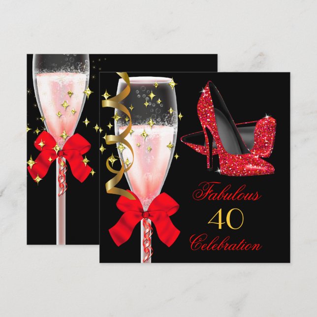 Fabulous Red Glitter Heels Black Gold Birthday Invitation (Front/Back)