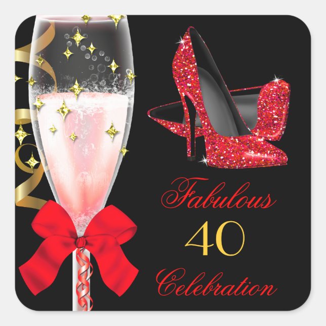 Fabulous Red Glitter Heels Black Gold Birthday Square Sticker (Front)