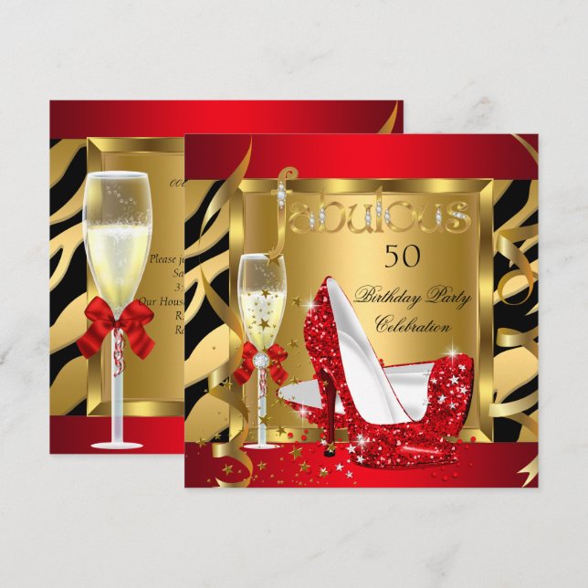 Fabulous Red Glitter Heels Zebra Champagne Party Invitation (Front/Back)