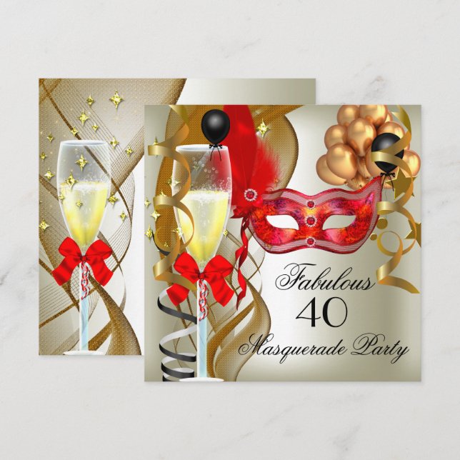 Fabulous Red Gold Cream Black Masquerade Party Invitation (Front/Back)