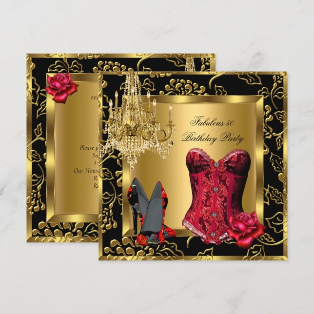 Fabulous Red Heels Chandelier Corset Rose Lace 2 Invitation (Front/Back)