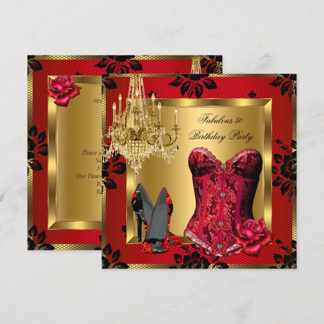 Fabulous Red Heels Chandelier Corset Rose Lace Invitation (Front/Back)