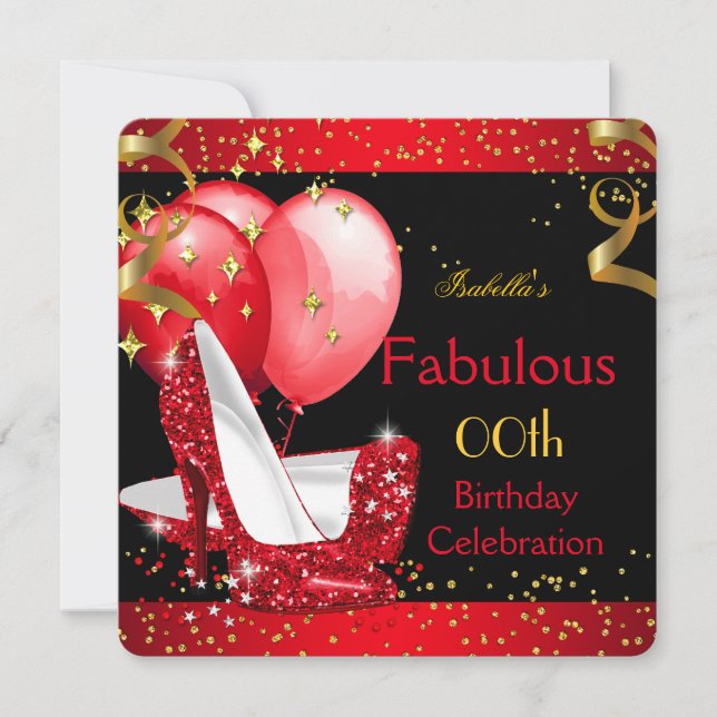 Fabulous Red High Heels Gold Birthday Party 2 Invitation (Front)