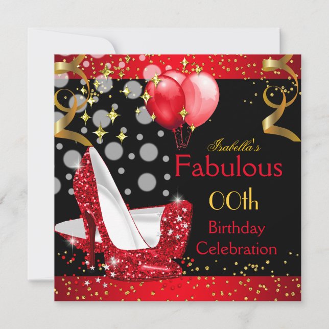Fabulous Red High Heels Gold Birthday Party Invitation (Front)