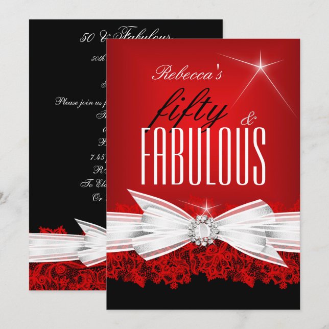 Fabulous Red Lace Black 50th Birthday Party 2 Invitation (Front/Back)