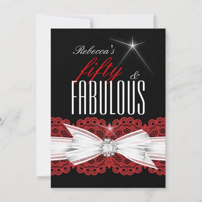Fabulous Red Lace Black 50th Birthday Party 3 Invitation (Front)