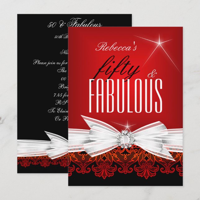 Fabulous Red Lace Black 50th Birthday Party Invitation (Front/Back)