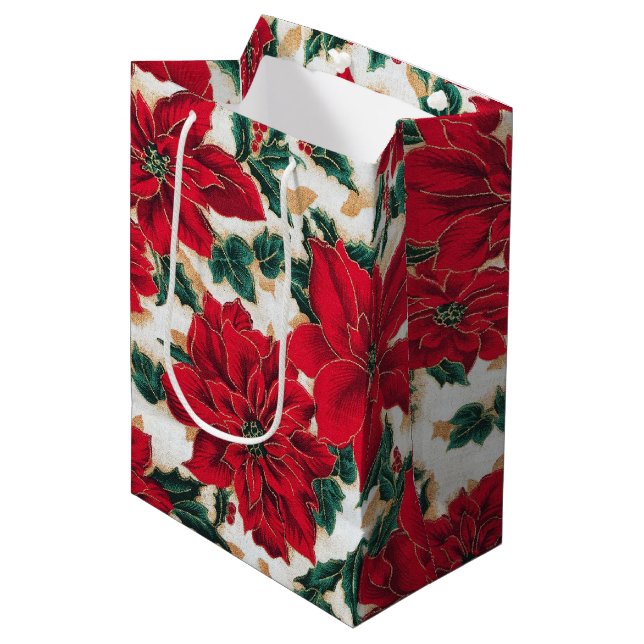 Fabulous Red Poinsettias Faux Fabric Gift Bag (Front Angled)