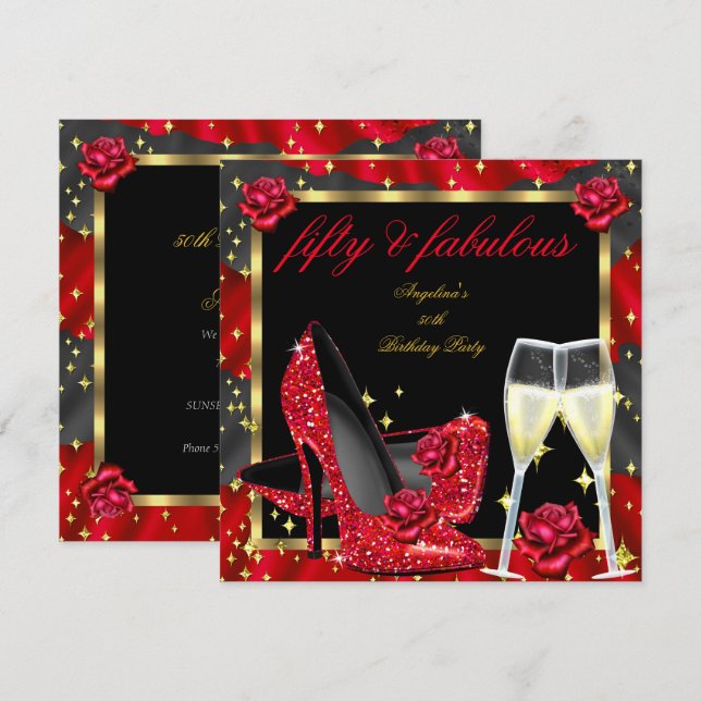 Fabulous Red Roses Black Champagne Heels Birthday Invitation (Front/Back)