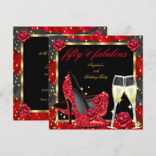 Fabulous Red Roses Black Champagne Heels Birthday Invitation